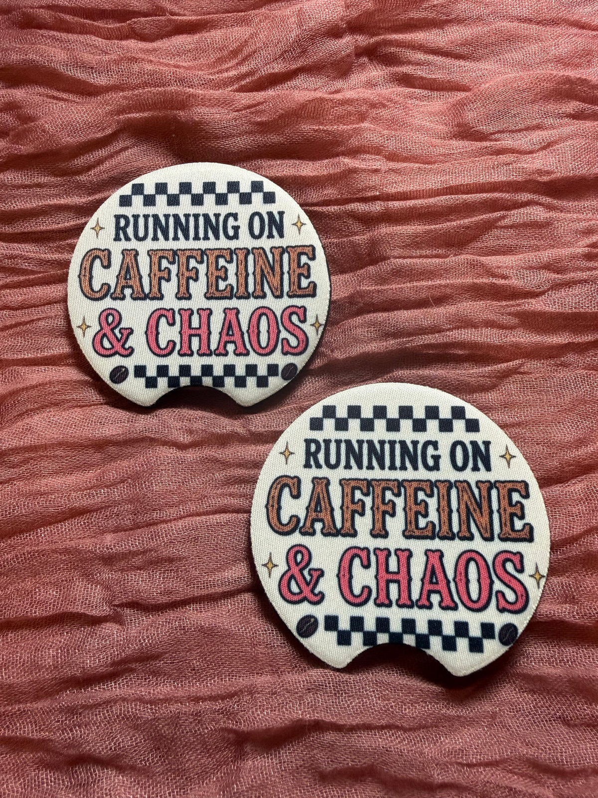 Running on Caffeine & Chaos Car Coasters – Funny Coffee Lover Car Accessories