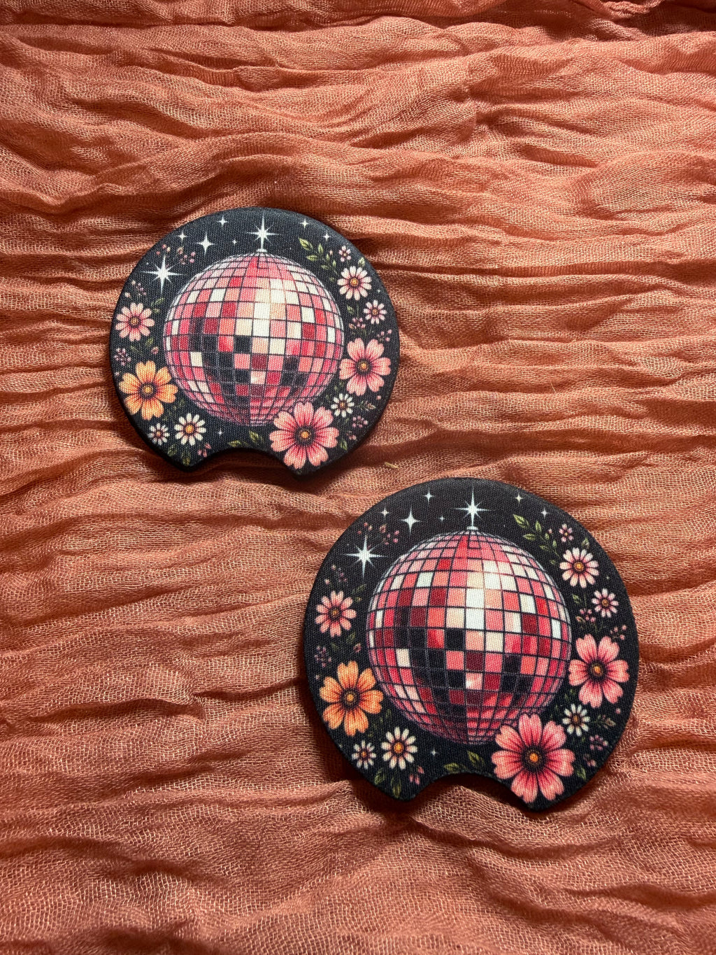 Pink Disco Ball & Floral Car Coasters – Retro Groovy Car Accessories