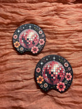 Pink Disco Ball & Floral Car Coasters – Retro Groovy Car Accessories