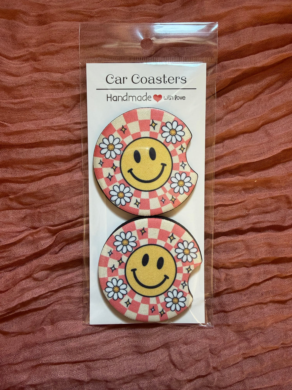 Retro Smiley Face & Daisy Car Coasters – Pink Checkered Happy Vibes