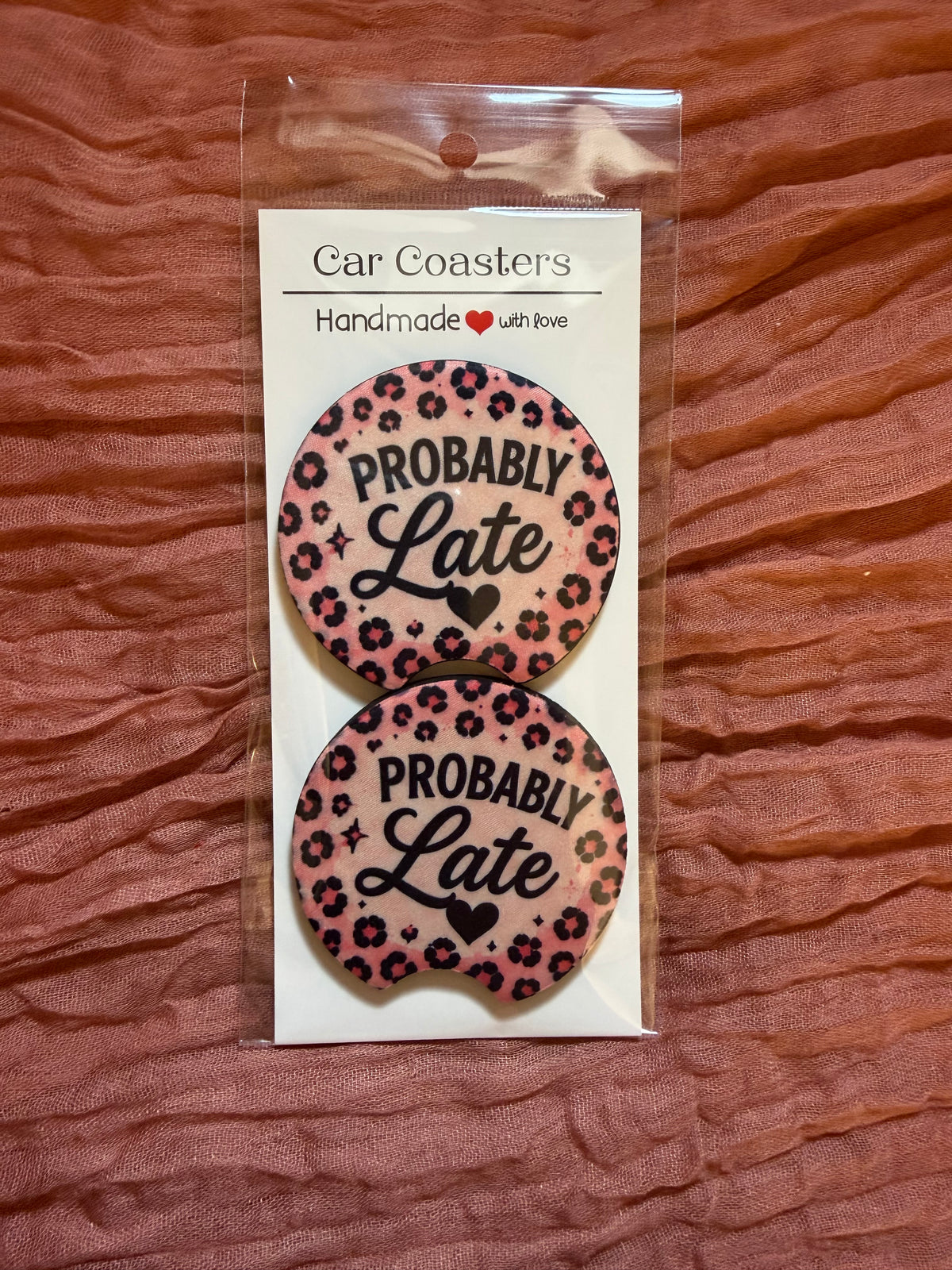 Probably Late Car Coasters – Pink Leopard Print Funny Car Accessories