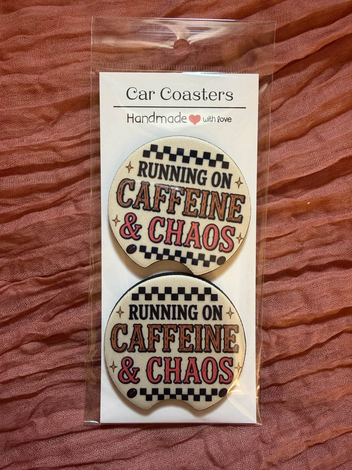 Running on Caffeine & Chaos Car Coasters – Funny Coffee Lover Car Accessories