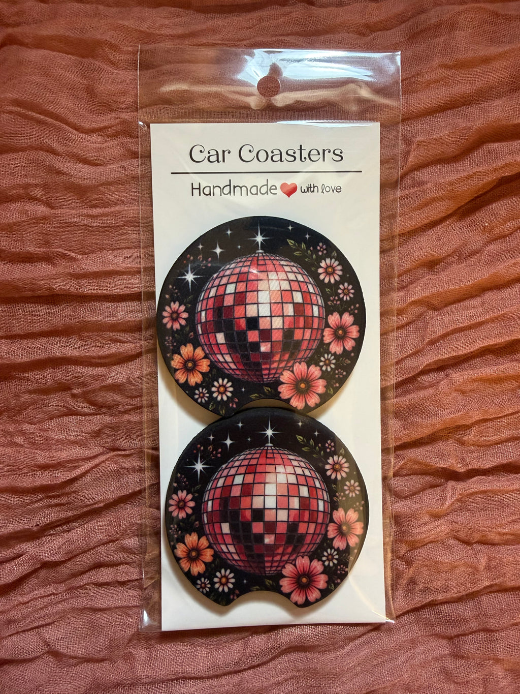 Pink Disco Ball & Floral Car Coasters – Retro Groovy Car Accessories