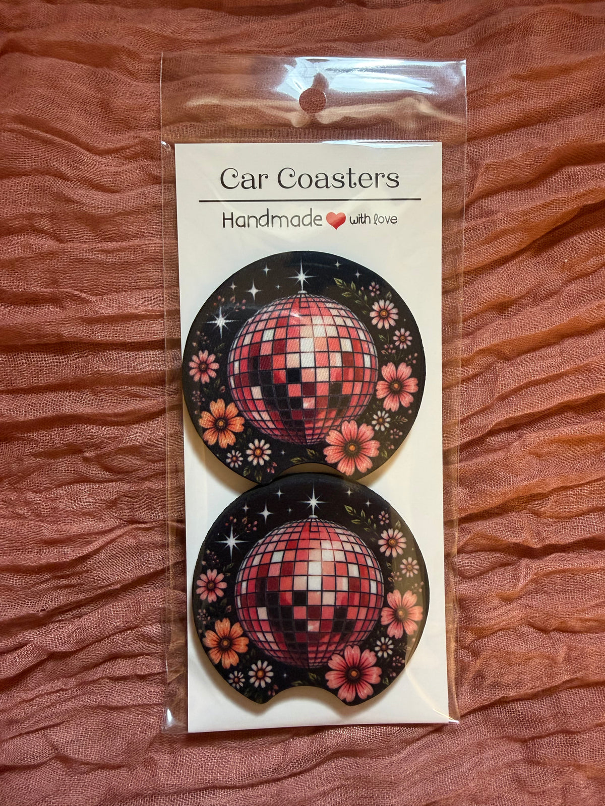 Pink Disco Ball & Floral Car Coasters – Retro Groovy Car Accessories