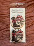Cowgirl Energy Car Coasters – Pink Leopard Western Boots | Neoprene or Ceramic