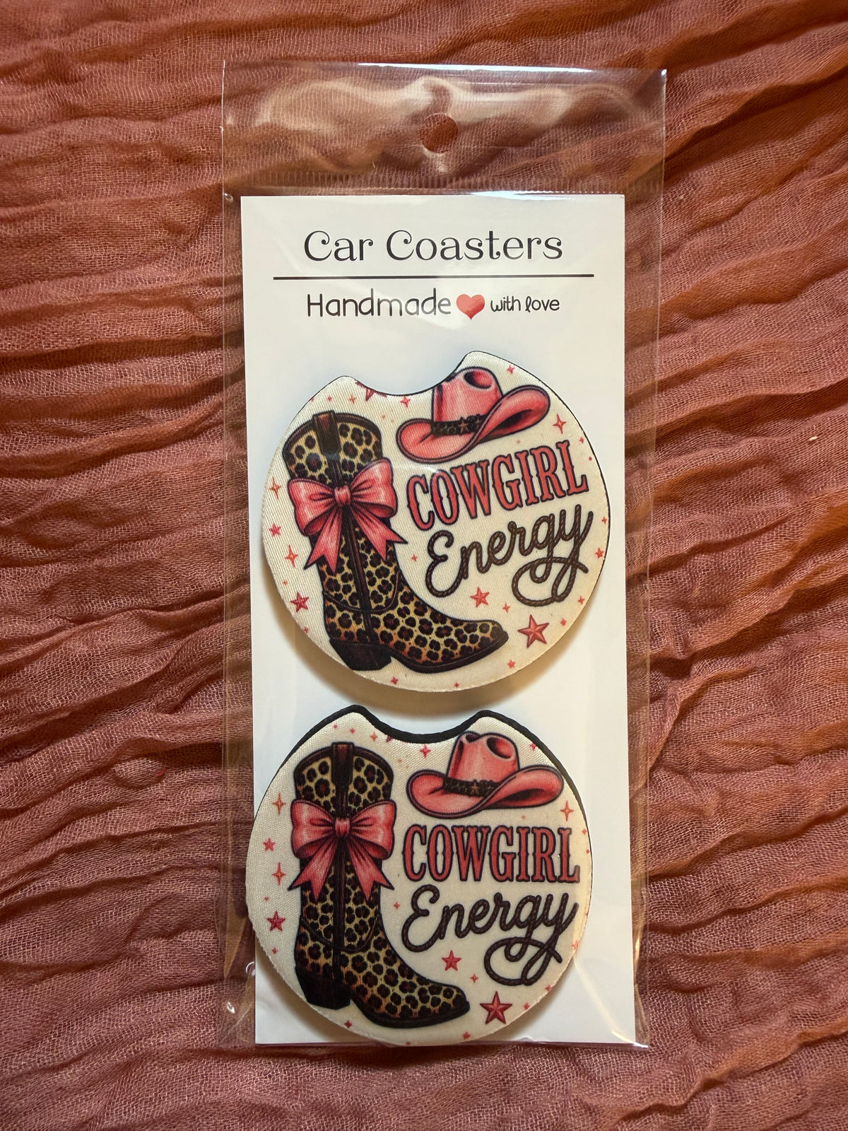 Cowgirl Energy Car Coasters – Pink Leopard Western Boots | Neoprene or Ceramic